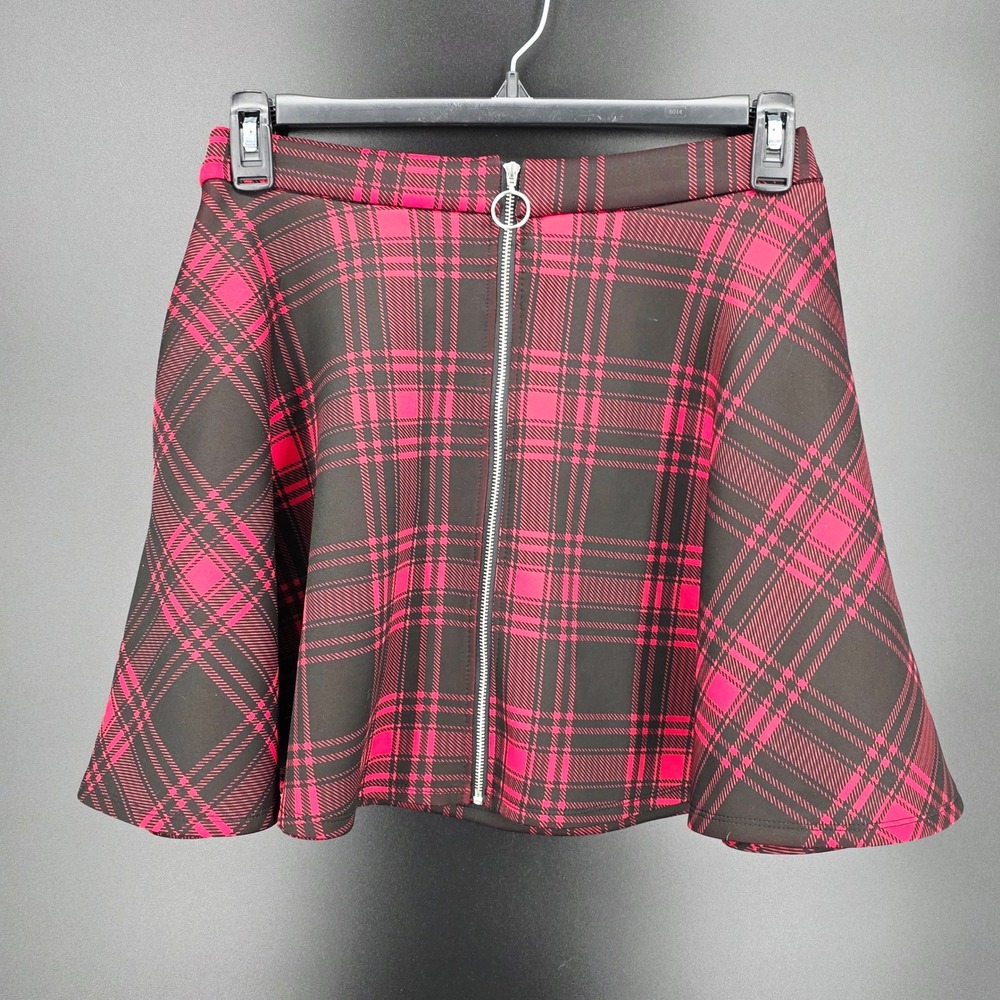Hot Topic Pink‎ Black Plaid Skater Skirt Front O-Ring Zip Mini Skirt Womens Med